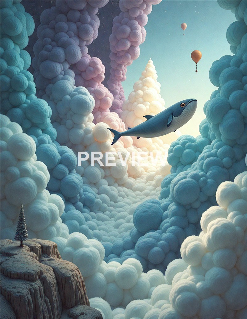 The image depicts a surreal scene with a whale swimming among large, fluffy clouds, with a small rocky island with a pine tree in the foreground and hot air balloons floating in a pastel-colored sky.
